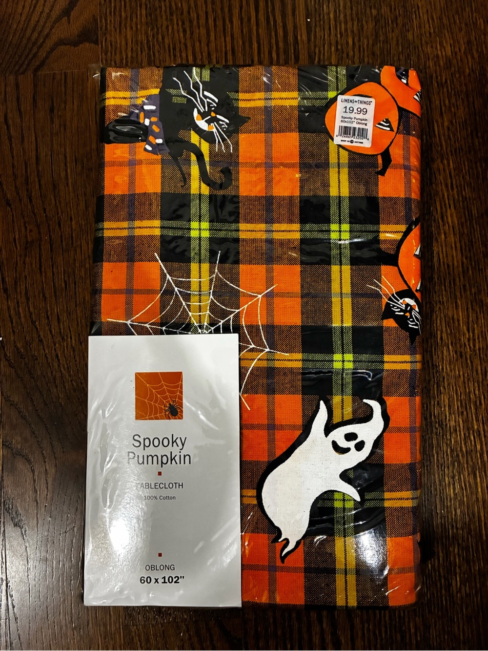 Spooky Pumpkin Halloween Tablecloth - Orange Plaid Ghost & Spiderweb Design